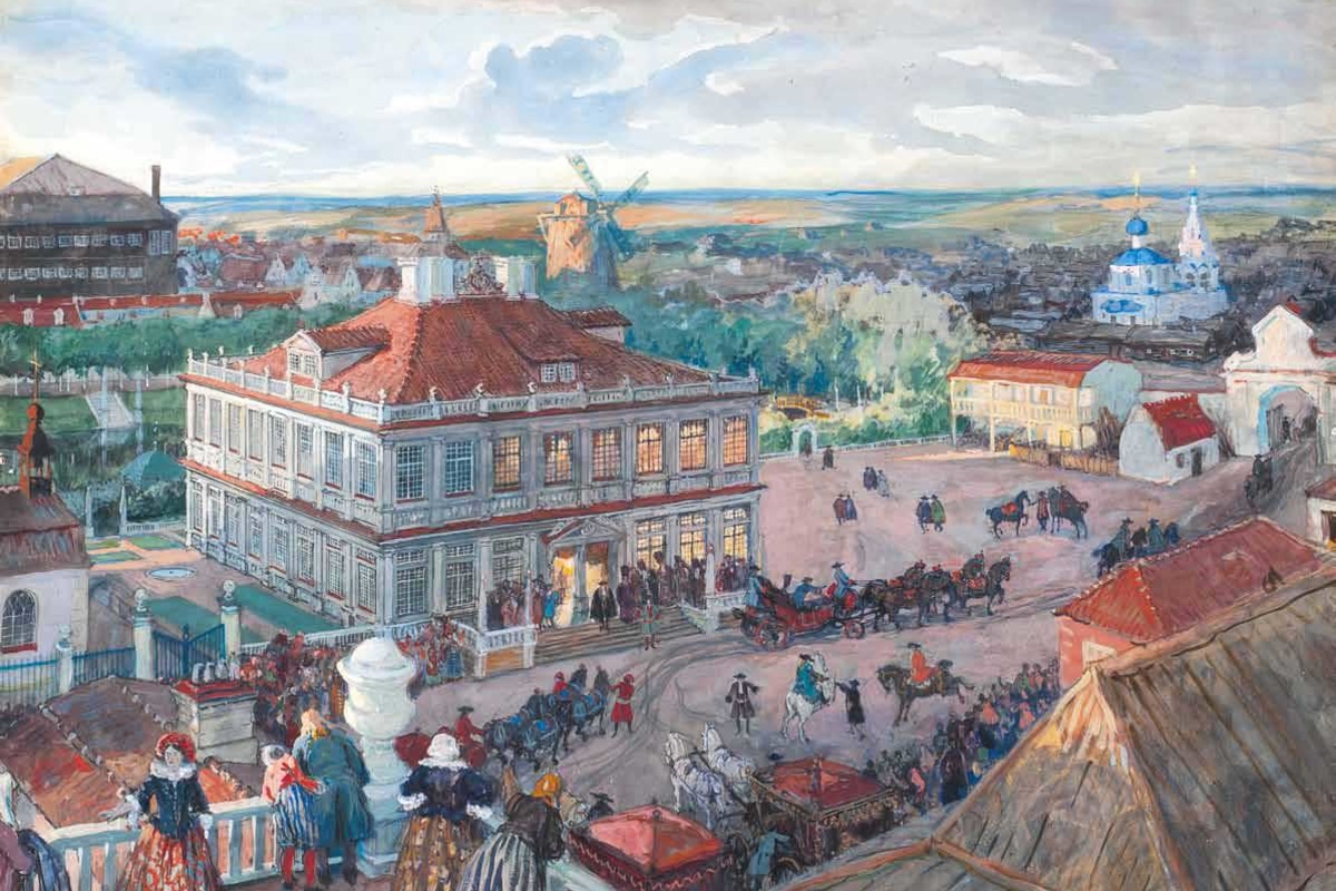 Alexander Benoit. In the German Freedom. Departure of Tsar Peter I from the house of Lefort (1909)
