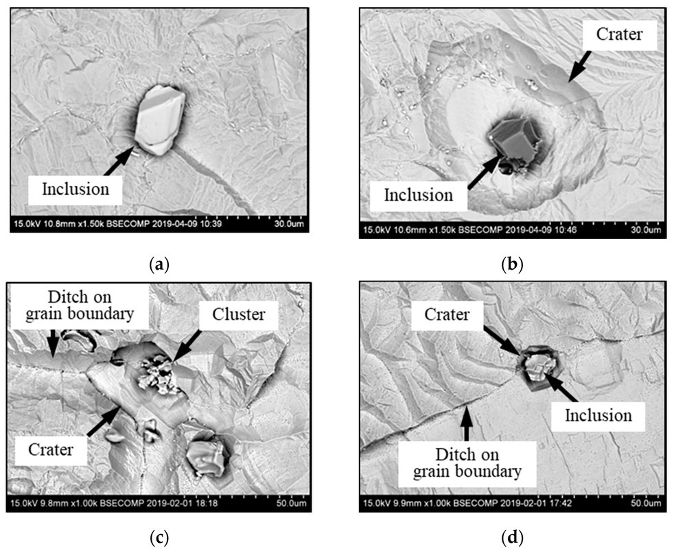 SEM images of metal dissolution around different inclusions and clusters observed on the surface of a metal sample after electrolytic extraction